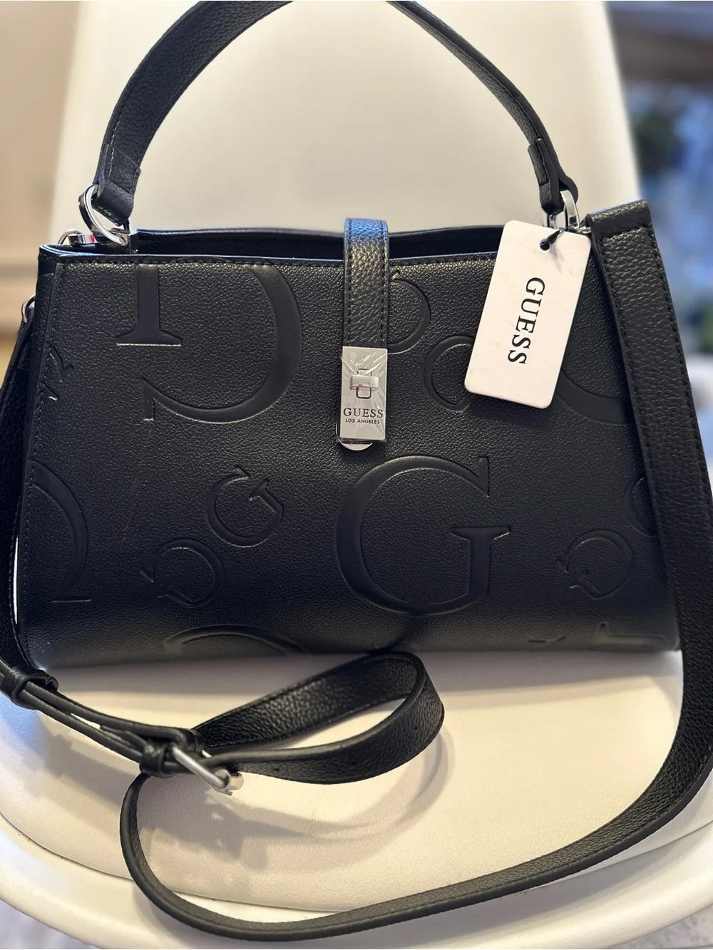 GUESS Black Embossed G Logo Satchel with Silver Hardware